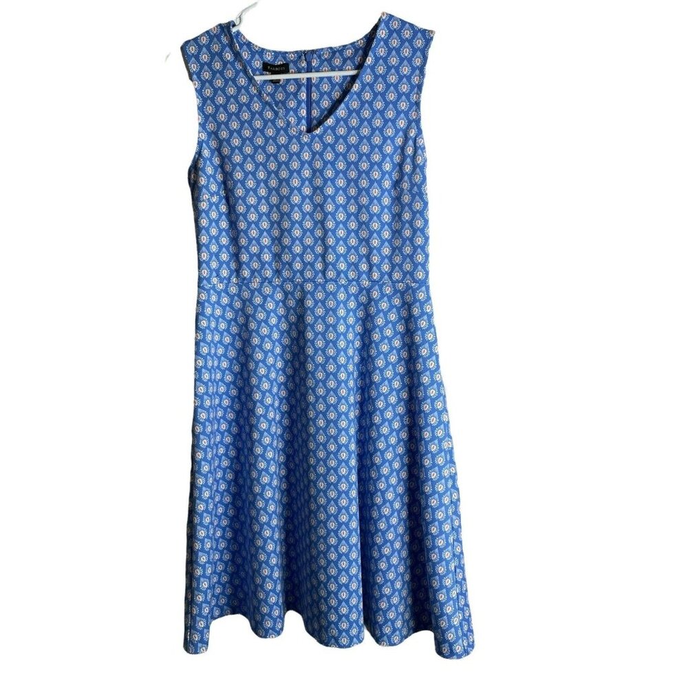 Talbots S Fit And Flare Dress Sleeveless Blue Printed Ponte Knit V-Neck